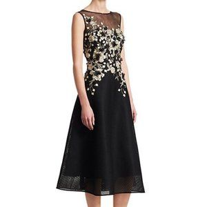 Rickie Freeman for Teri Jon Black Mesh Midi Dress with Gold Floral Appliqué